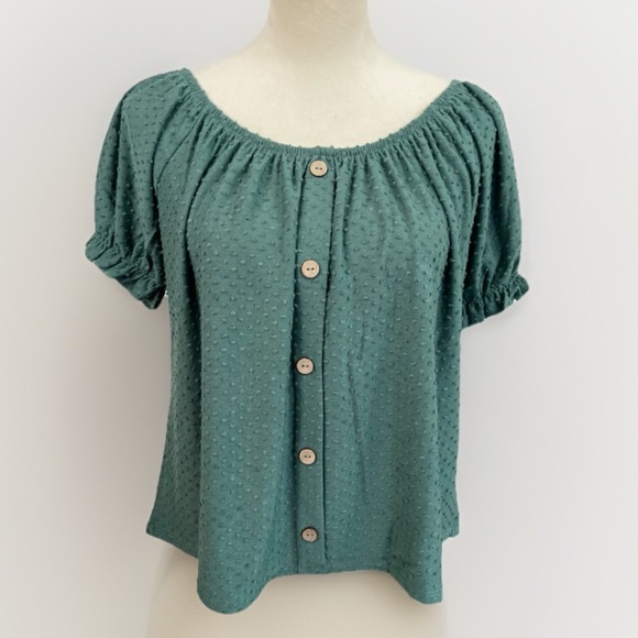 Philosophy Womens Size S Green Swiss Dot Puffed Sleeve Blouse Bohemian - Picture 1 of 7